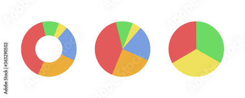 Three pie charts (one doughnut). Flat icons isolated. Vector illustrations.