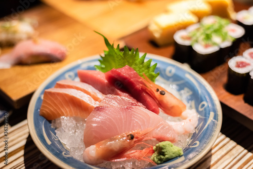 sashimi seafood on plate at restaurant