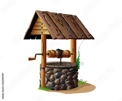Old water well made of stone and wood. Colorful vector illustration.
