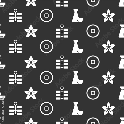Set Chinese tea ceremony, Lotus flower, Firework and Chinese Yuan currency on seamless pattern. Vector.