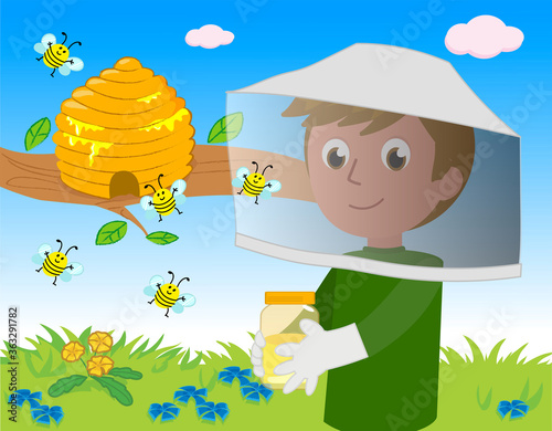 Bee keeper and hive vector illustration