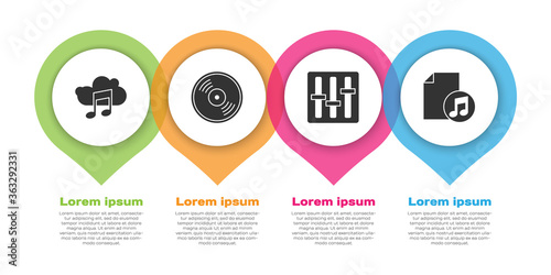Set Music streaming service, Vinyl disk, Sound mixer controller and Music book with note. Business infographic template. Vector.