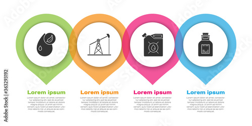 Set Bio fuel, Oil pump or pump jack, Canister for motor machine oil and Oil petrol test tube. Business infographic template. Vector.