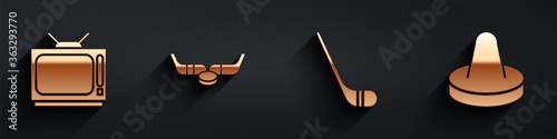 Set Retro tv, Ice hockey sticks and puck, Ice hockey stick and Mallet for playing air hockey icon with long shadow. Vector.