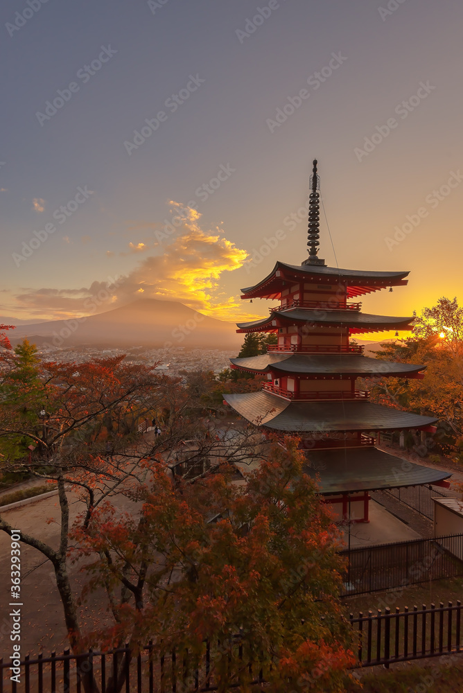 Mt. Fuji Beautiful landscape of mountain fuji with chureito pagoda around maple leaf tree in autumn season at Yamanashi Japan