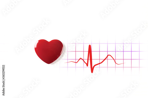 Red heart on a white background. Pulse rate diagram. Electrocardiogram.