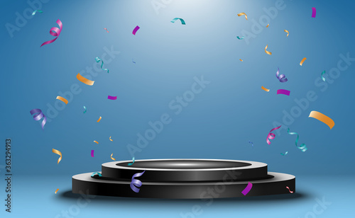 Winner background with signs of first, second and third place on a round pedestal. Vector winner podium sports symbols.