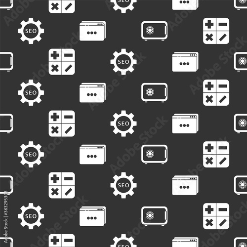 Set Safe, Calculator, Seo tag with gear wheel and Website template on seamless pattern. Vector.