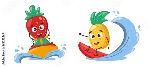 Surfing pineapple character. Strawberry character rides a jet ski. Vacation concept. Tropical hawaii lifestyle. Pineapple juice, fresh fruits, summer resort. Kid poster and summer t-shirt design.