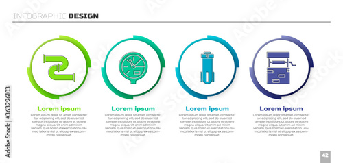 Set Industry metallic pipe, Water meter, Water filter and Well. Business infographic template. Vector.