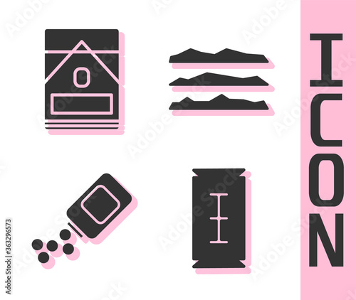 Set Blade razor, Cigarettes pack box, Medicine bottle and pills and Cocaine or heroin drug icon. Vector.