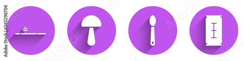 Set Opium pipe, Psilocybin mushroom, Heroin in a spoon and Blade razor icon with long shadow. Vector.