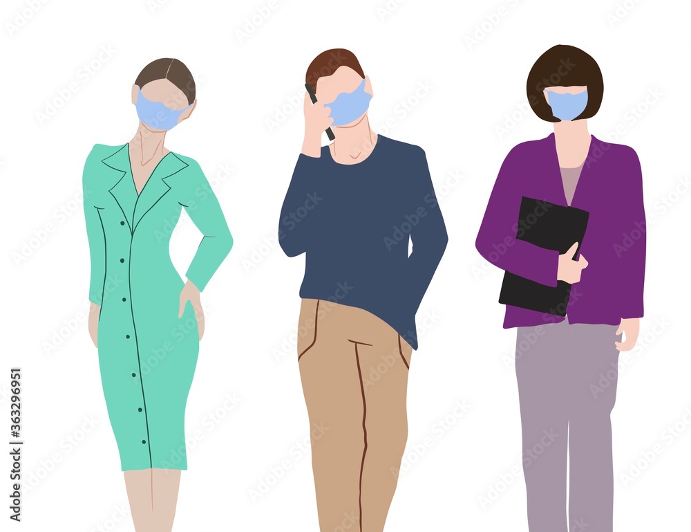 Team of business people wearing face masks because of virus are in the office. Team of business people wearing face masks because of virus are in the office.