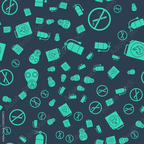 Set Fire extinguisher, No Smoking, Gas mask and Canister for flammable liquids on seamless pattern. Vector.
