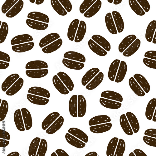 Brown coffee beans isolated on a white background. Monochrome seamless pattern. Hand drawn vector flat graphic illustration. Texture.