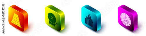Set Isometric Traffic cone, Ringing alarm bell, Fire in burning buildings and Fire flame icon. Vector.