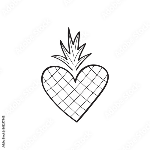 Pineapple vector hand drawn illustration. Black summer tropical pineapple heart. Isolated.