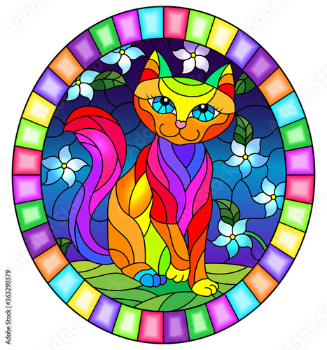 Fototapeta Naklejka Na Ścianę i Meble -  Illustration in stained glass style with a  cute rainbow cat on a background of meadows, bright flowers and sky, oval image in bright frame 