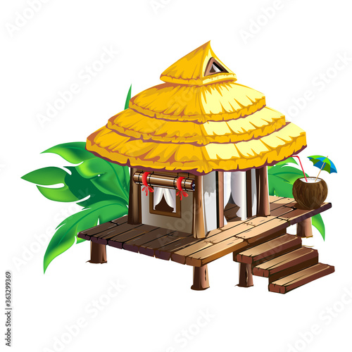 Tropical hut with thatched roof. Summer holidays in the tropics by the ocean. Isolated vector illustration in cartoon style on a white background.