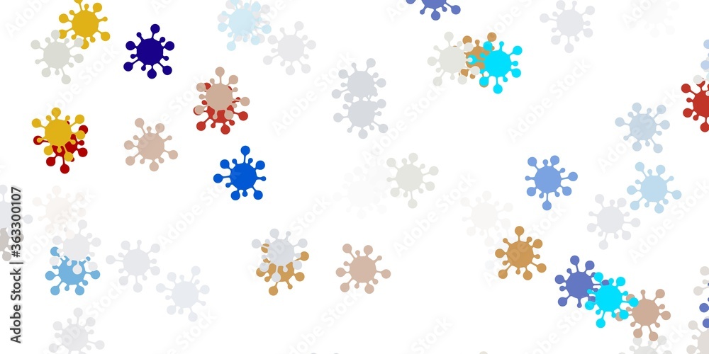 Light blue, yellow vector background with covid-19 symbols. Light blue, yellow vector background with covid-19 symbols.