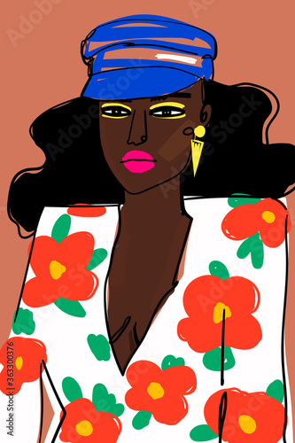 Hand drawn stylized beautiful lady. Pretty young black woman portrait. Sketch style. Stylish fashion model in hat. Fancy look. Trendy modern clothes. Vector illustration. Cool design. Print idea