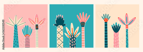 Three abstract Palms. Short and tall trees. Different interpretations of wood and leaves. Hand drawn colorful Vector Trendy illustrations. Cartoon style, Flat design. Set of three cards