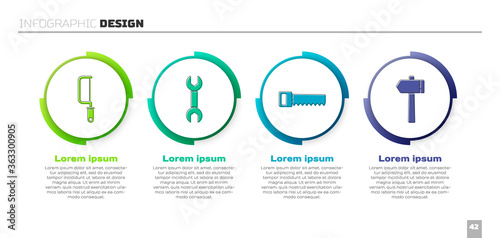 Set Hacksaw, Wrench spanner, Hand saw and Hammer. Business infographic template. Vector.