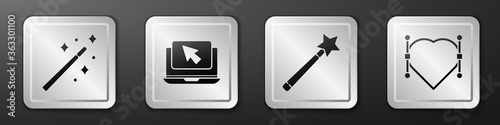 Set Magic wand, Laptop and cursor, Magic wand and Heart with Bezier curve icon. Silver square button. Vector.