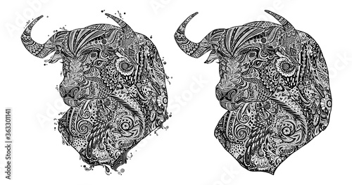 Chinese New Year 2021. Zodiac Ox. Happy New Year card, pattern, art with ox. Paper Cutting Hand drawn Vector illustration. Chinese traditional Design, golden decoration.