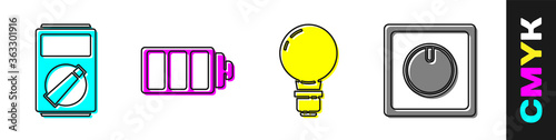 Set Multimeter, Battery charge level indicator, Light bulb with concept of idea and Electric light switch icon. Vector.