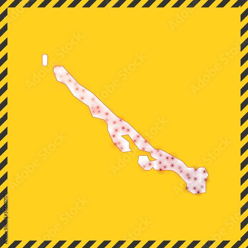 Stocking Island closed - virus danger sign. Lock down island icon. Black striped border around map with virus spread concept. Vector illustration.