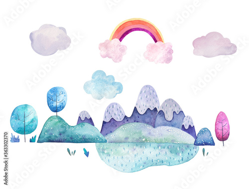 Canvas Print Landscape mountains water grass clouds rainbow trees watercolor illustration on