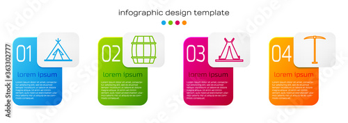 Set line Indian teepee or wigwam, Wooden barrel, Indian teepee or wigwam and Pickaxe. Business infographic template. Vector.