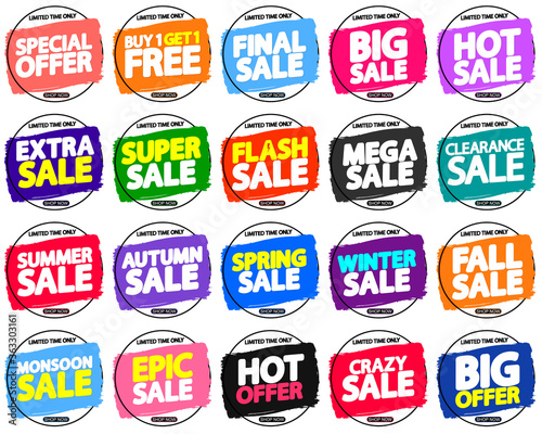 Set Sale banners design template, discount tags, great promotion, grunge brush, vector illustration