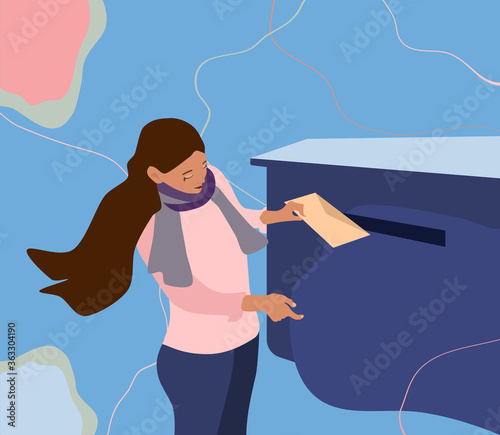 Young girl in scarf puts envelope in mailbox.Vector illustration in pastel colors on abstract background.Communication without Modern Technology. Delivery of letters,telegram and messages. Using post.