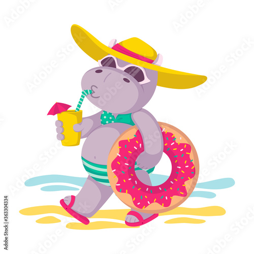 Hippo in a hat and sunglasses, with donut inflatable circle and a drink in hand goes to the beach. Summer mood, sea, sun. Vector children illustration isolated on white background.