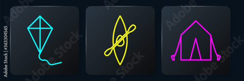 Set line Kite, Tourist tent and Kayak or canoe and paddle. Black square button. Vector.