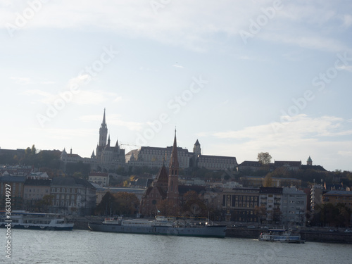 Budapest Royal Castle and Szechenyi Chain Bridge at day time from Danube river, Hungary.