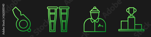 Set line Hockey coach, Whistle, Crutch or crutches and Hockey over sports winner podium. Gradient color icons. Vector.