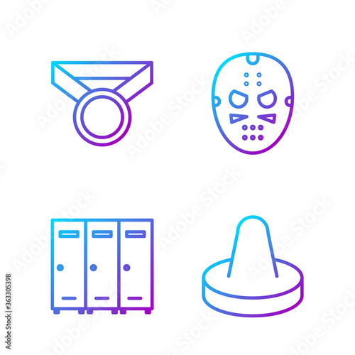 Set line Mallet for playing air hockey, Locker or changing room, Medal and Hockey mask. Gradient color icons. Vector.