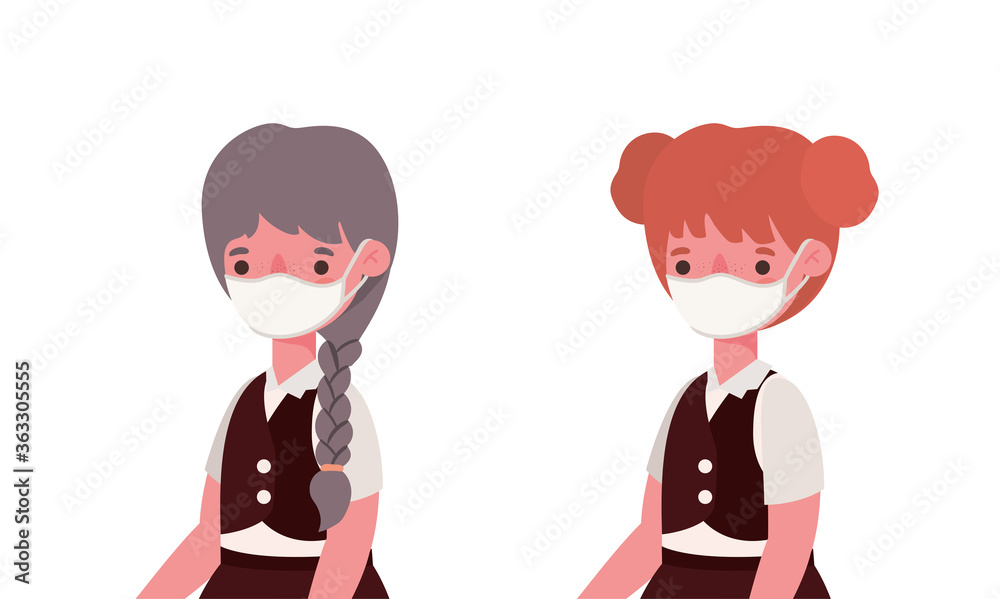Girls kids with medical masks and uniforms design, Back to school and social distancing theme Vector illustration Girls kids with medical masks and uniforms design, Back to school and social distancing theme Vector illustration