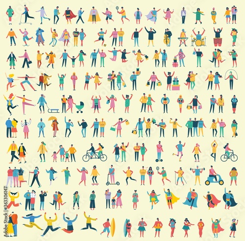 Vector illustration in a flat style of different activities people in all seasons- autumn, winter, summer and spring