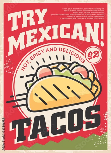 Tasty Mexican tacos with delicious ingredients. Poster design for traditional Mexican restaurant. Vector banner.