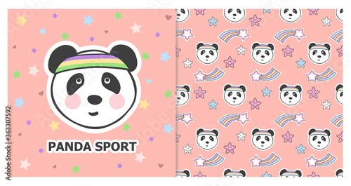 Vector illustration of a cute Panda face. Greeting card and seamless pattern.