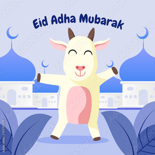 Eid Al Adha cute goat cartoon flat vector illustration. Celebration of islamic holiday the sacrifice of the goat. flat style illustration