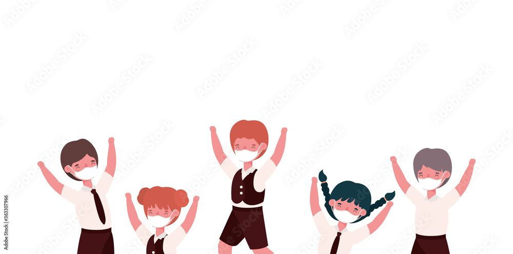 Girls and boys kids with medical masks and uniforms jumping design, Back to school and social distancing theme Vector illustration
