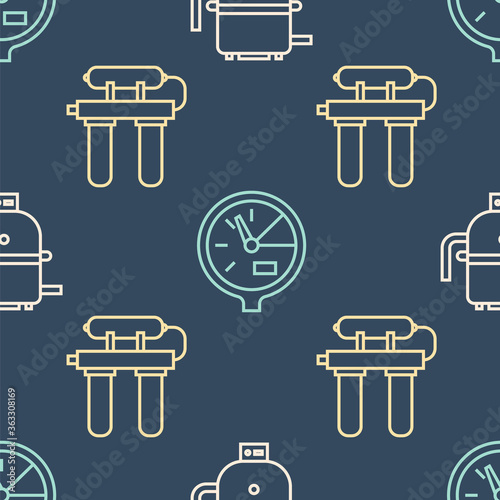 Set line Electric boiler for heating water, Water filter and Water meter on seamless pattern. Vector.