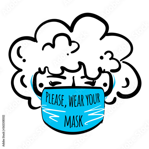 Сurly haired character in medical mask. No entry without face mask. Passage only in mask, without mask entry is prohibited. Advertisement for prevention coronavirus. Stock vector illustration.