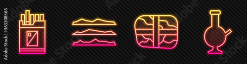Set line Package with cocaine, Open cigarettes pack box, Cocaine or heroin drug and Glass bong for smoking marijuana. Glowing neon icon. Vector.
