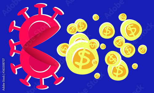 Coronavirus financial crisis 2020 concept. Covid virus tries to swallow dollar coins. Pandemic Covid-19 affecting the global economy. Protect and save business. Stock vector illustration. 